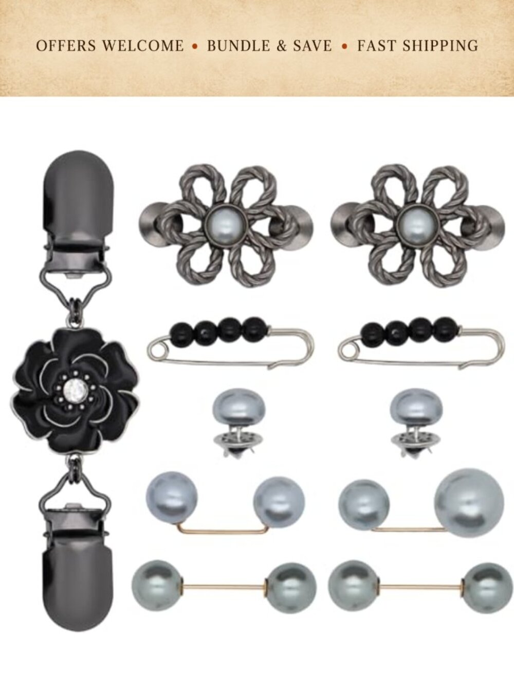 Pearl Waist Brooch Pins Dress Clips Back Cinch Shirt Clips Set